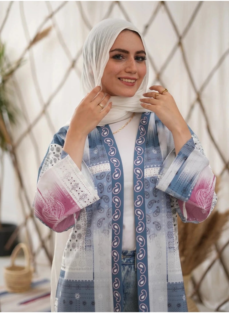 Women's Long Sleeve Open Cardigan - Luxurious Light Blue & White - Modest Fashion - Cozy and Stylish