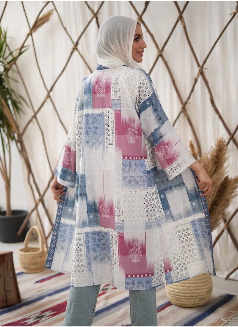 Women's Long Sleeve Open Cardigan - Luxurious Light Blue & White - Modest Fashion - Cozy and Stylish
