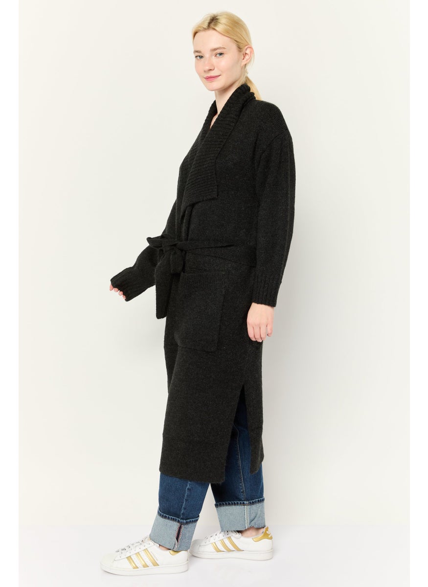 Women Split Neck Knitted Belted Long Cardigan, Black