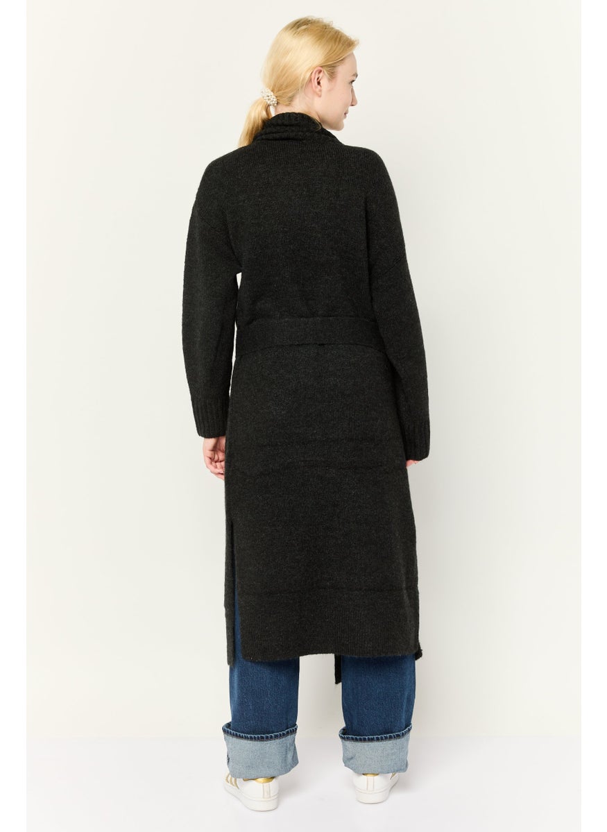 Women Split Neck Knitted Belted Long Cardigan, Black