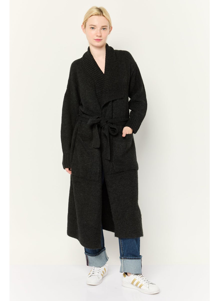 Women Split Neck Knitted Belted Long Cardigan, Black