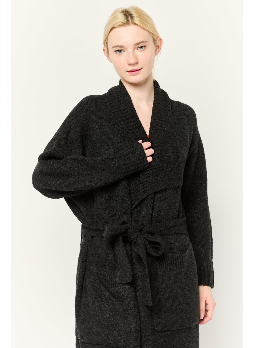Women Split Neck Knitted Belted Long Cardigan, Black