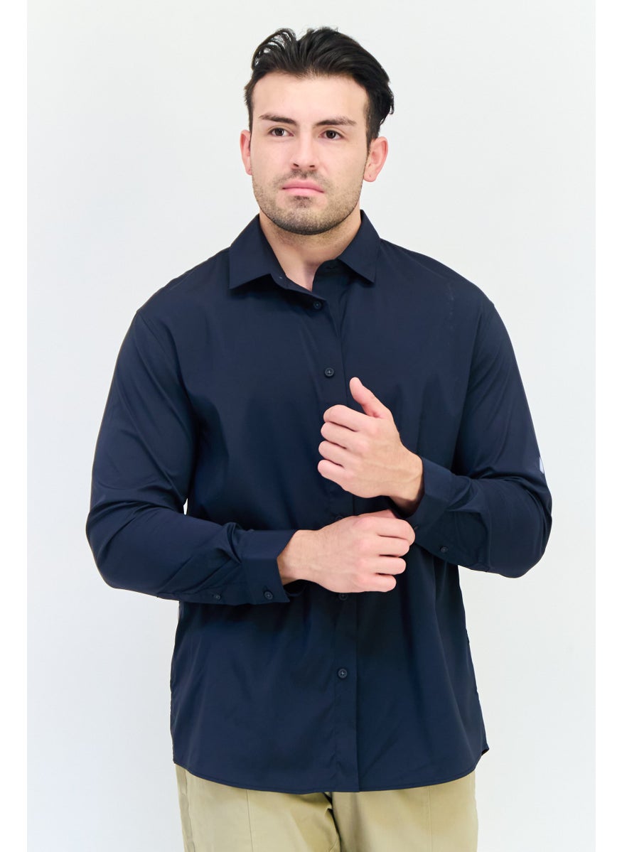 Men Regular Fit Solid Long Sleeve Casual Shirt, Navy