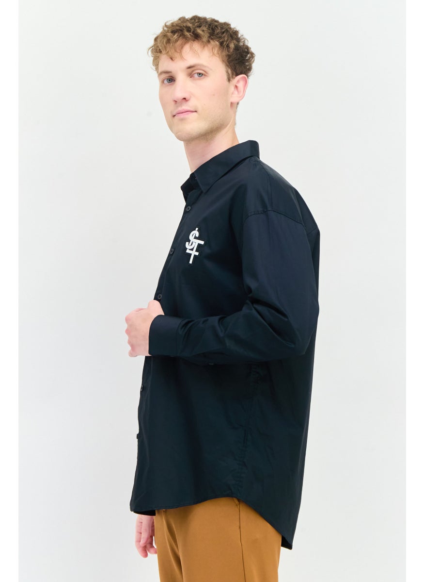 Men Regular Fit Brand Logo Long Sleeves Casual Shirt, Black