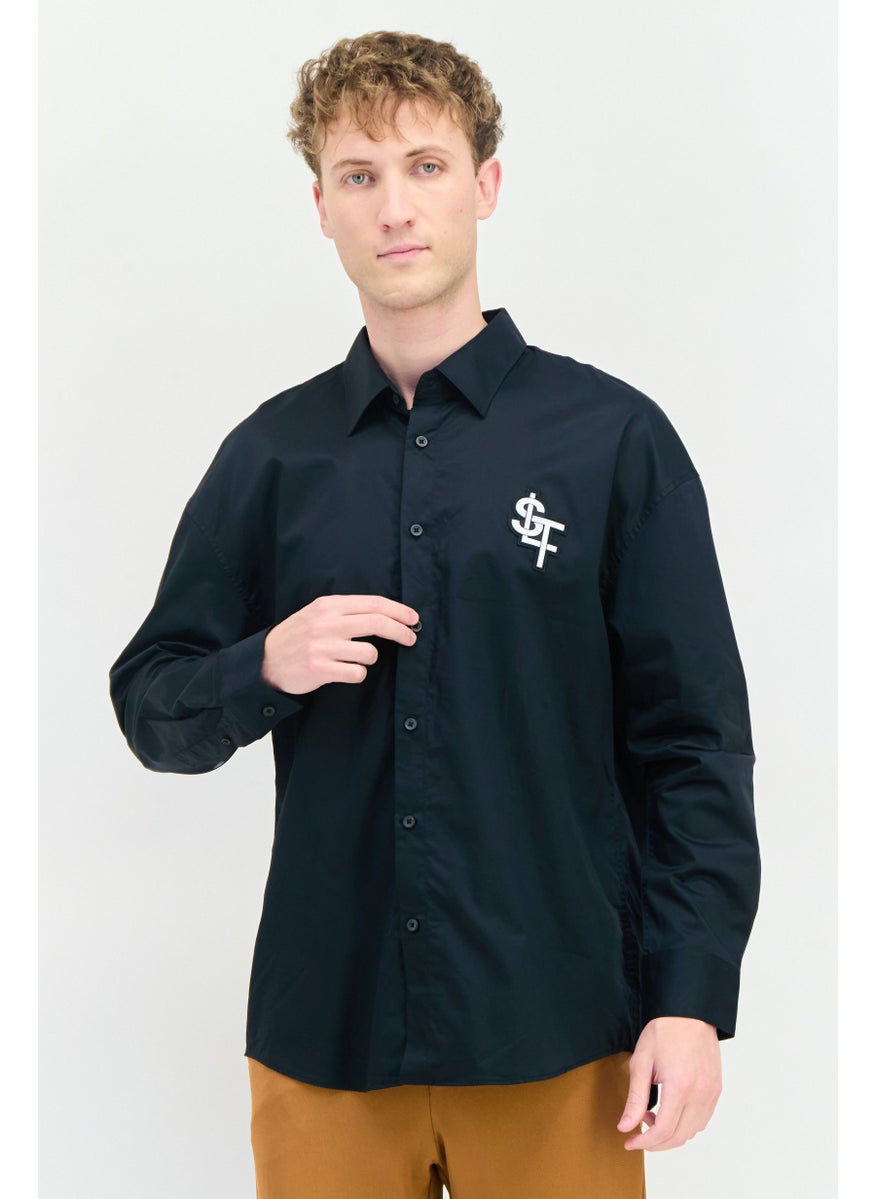 Men Regular Fit Brand Logo Long Sleeves Casual Shirt, Black