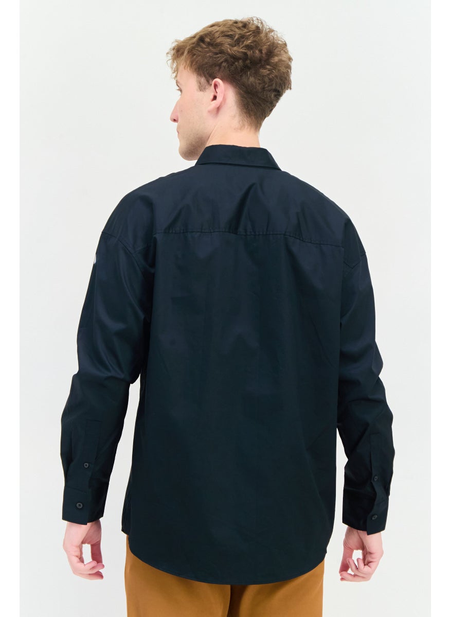 Men Regular Fit Brand Logo Long Sleeves Casual Shirt, Black