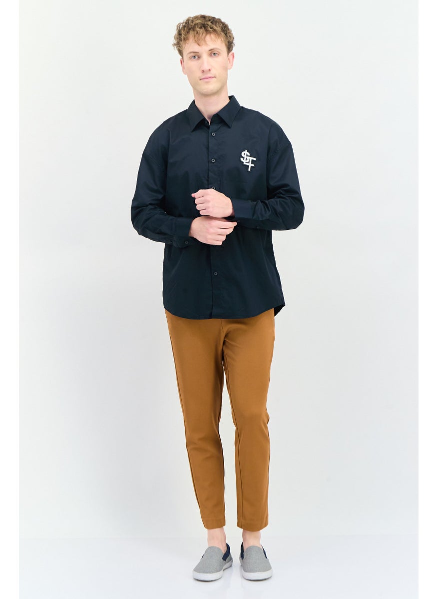 Men Regular Fit Brand Logo Long Sleeves Casual Shirt, Black