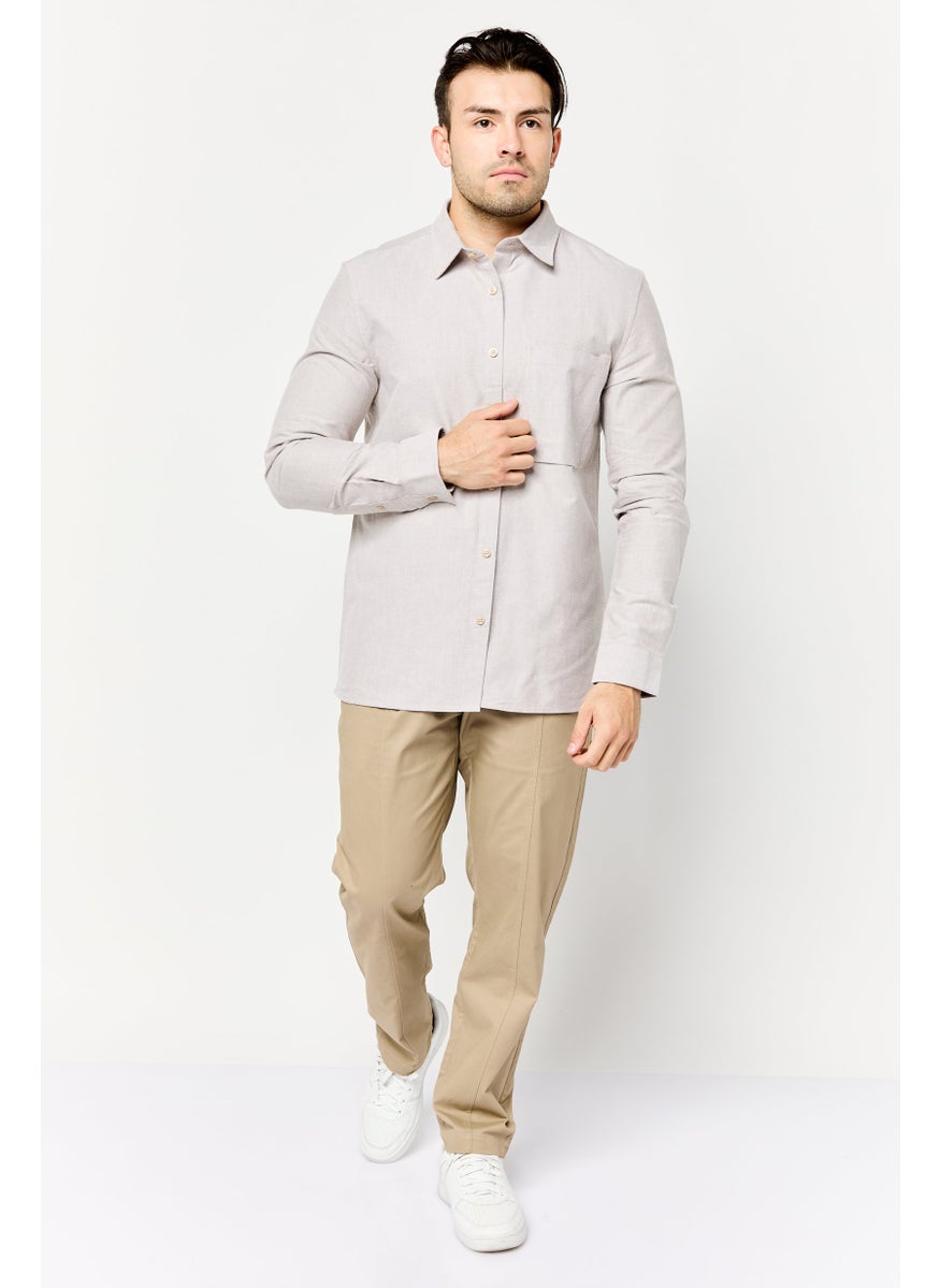 Men Regular Fit Solid Long Sleeve Casual Shirts, Taupe