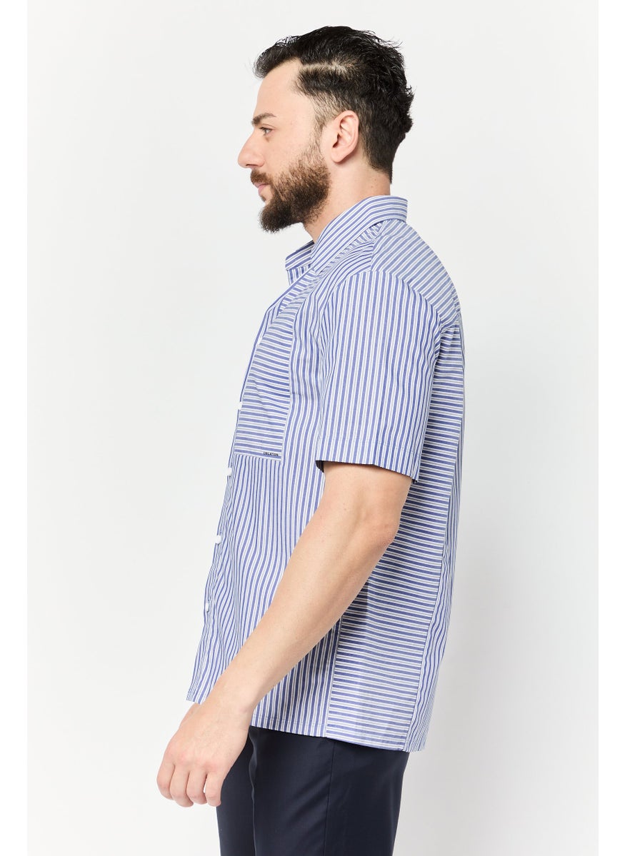 Men Drop Shoulder Fit Stripe Short Sleeve Causal Shirt, Multicolor
