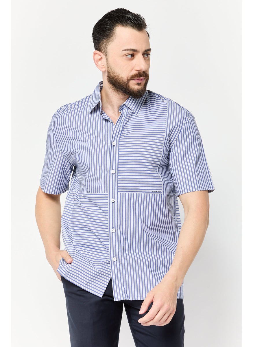 Men Drop Shoulder Fit Stripe Short Sleeve Causal Shirt, Multicolor