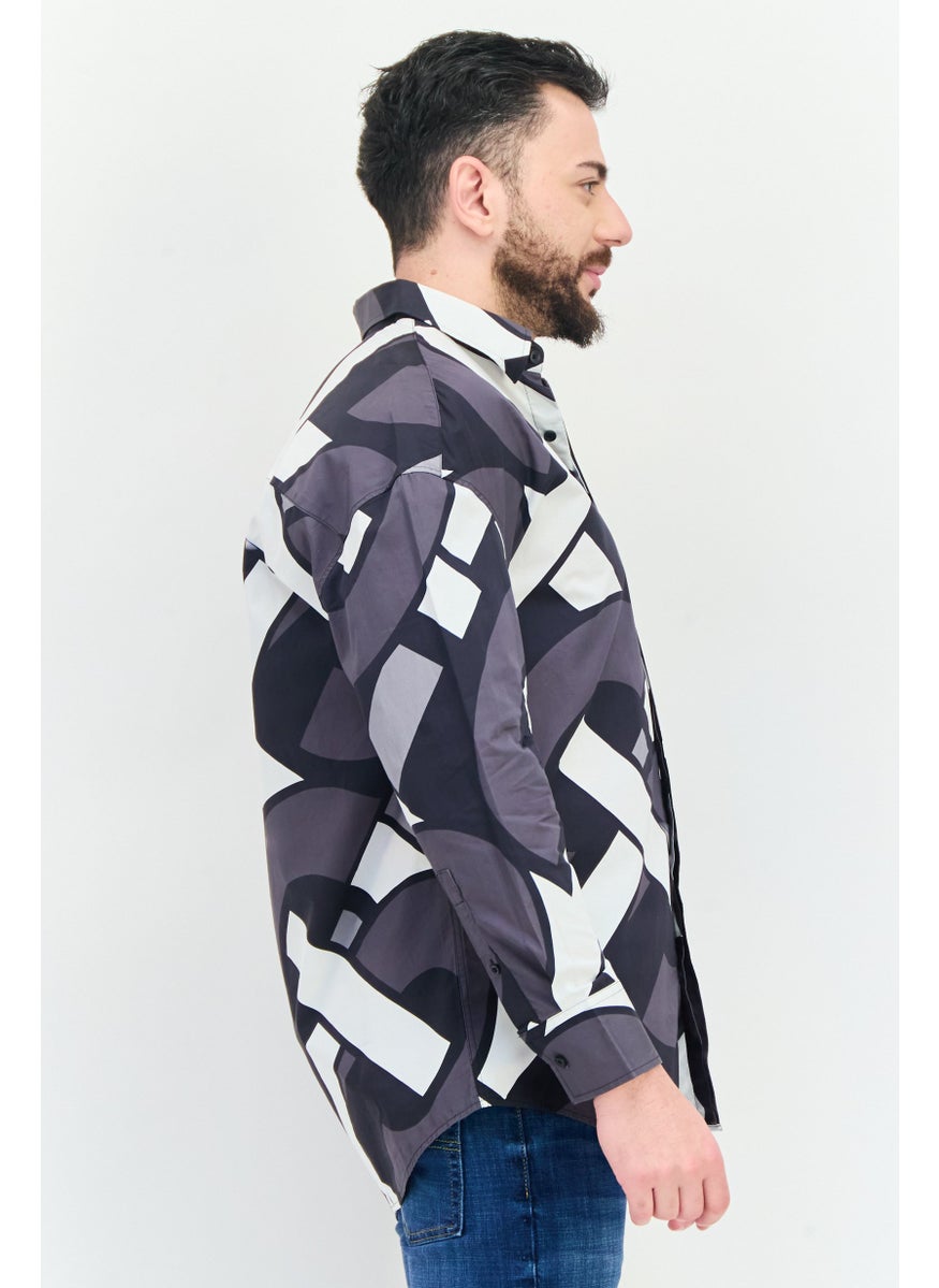 Men Oversize Fit Abstract Print Long Sleeves Casual Shirt, Multicolor