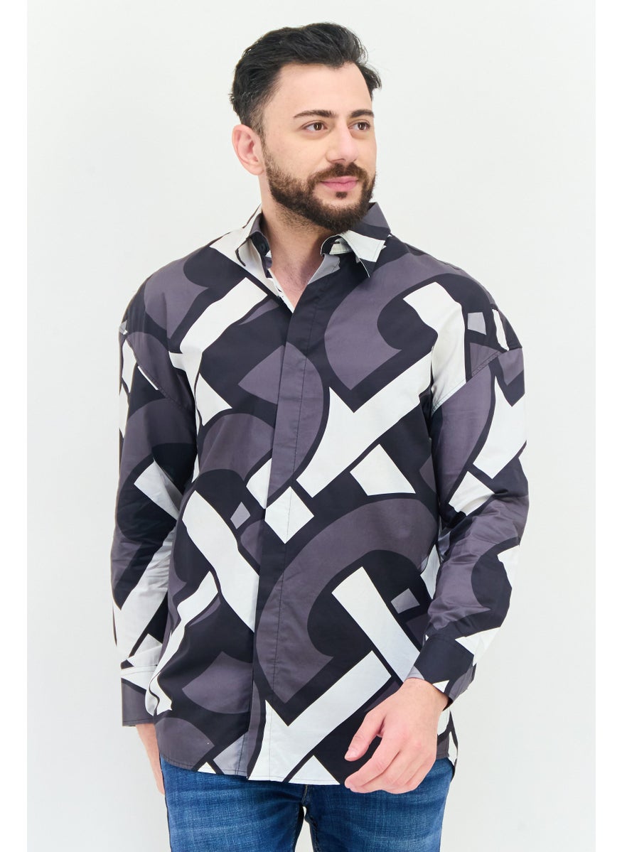 Men Oversize Fit Abstract Print Long Sleeves Casual Shirt, Multicolor