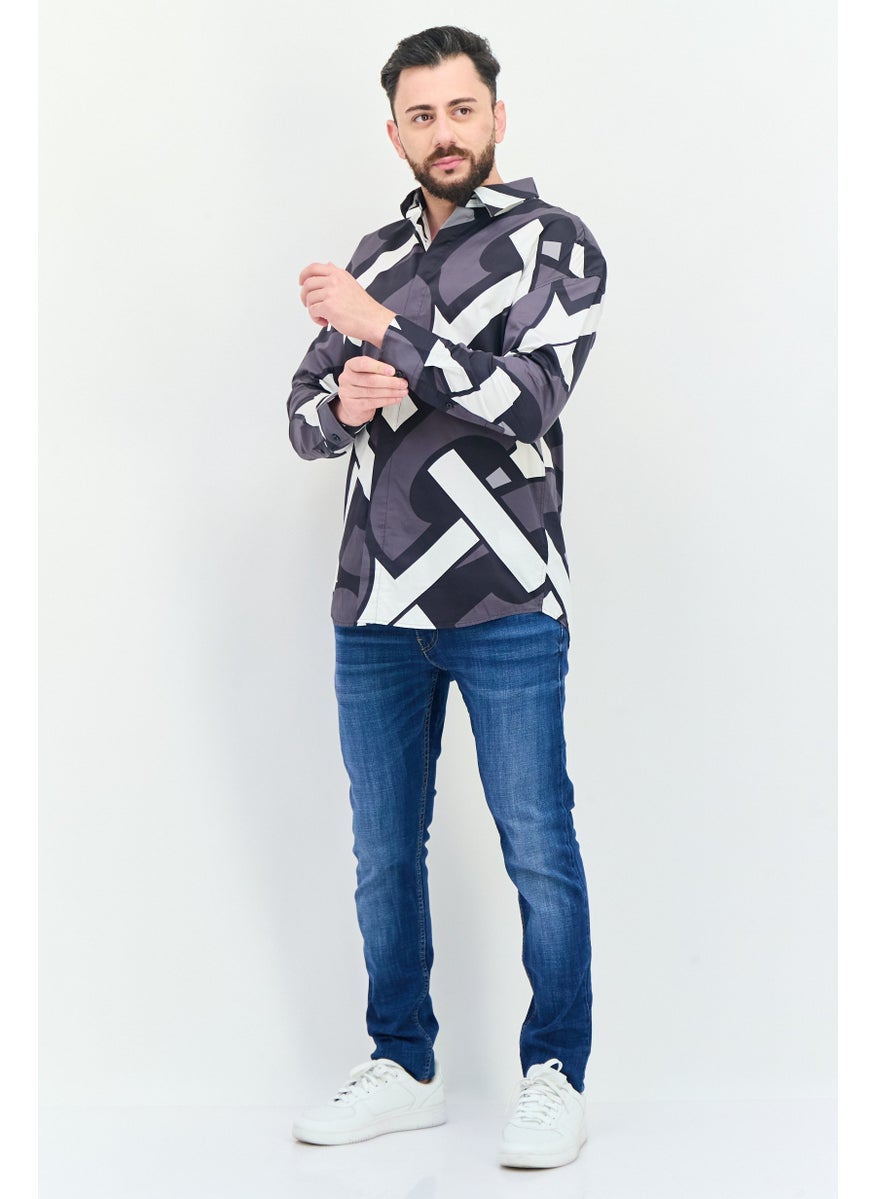 Men Oversize Fit Abstract Print Long Sleeves Casual Shirt, Multicolor