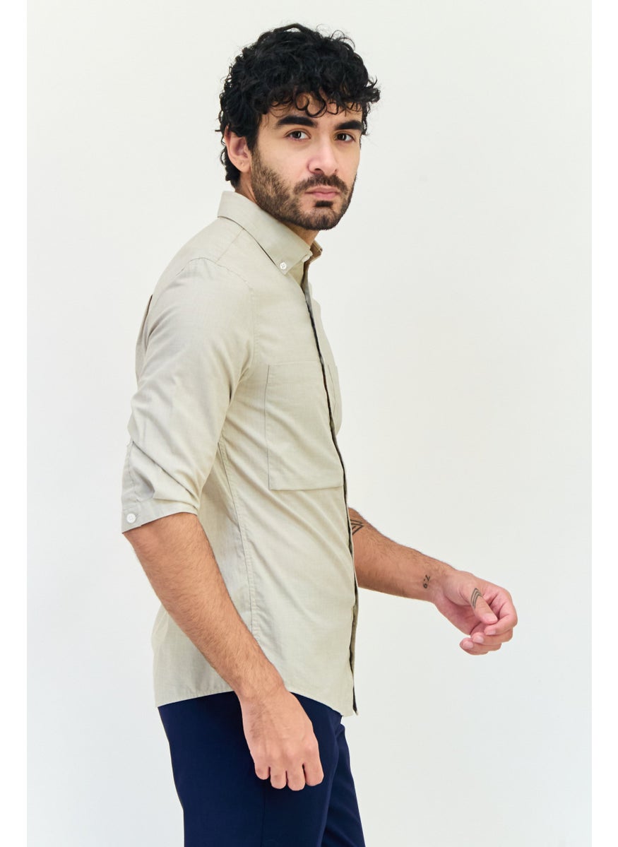 Men Regular Fit Plain Elbow Sleeves Casual Shirt, Beige