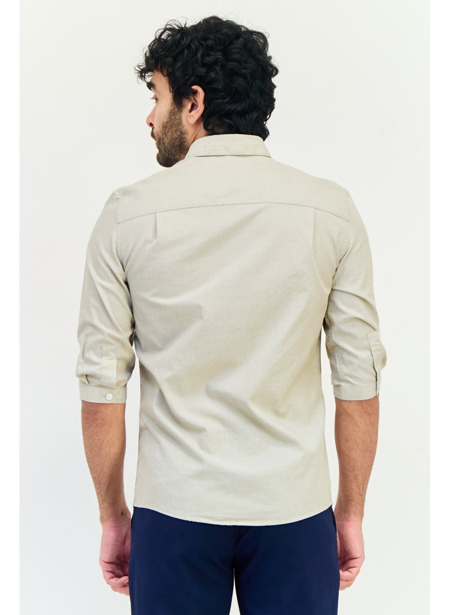 Men Regular Fit Plain Elbow Sleeves Casual Shirt, Beige