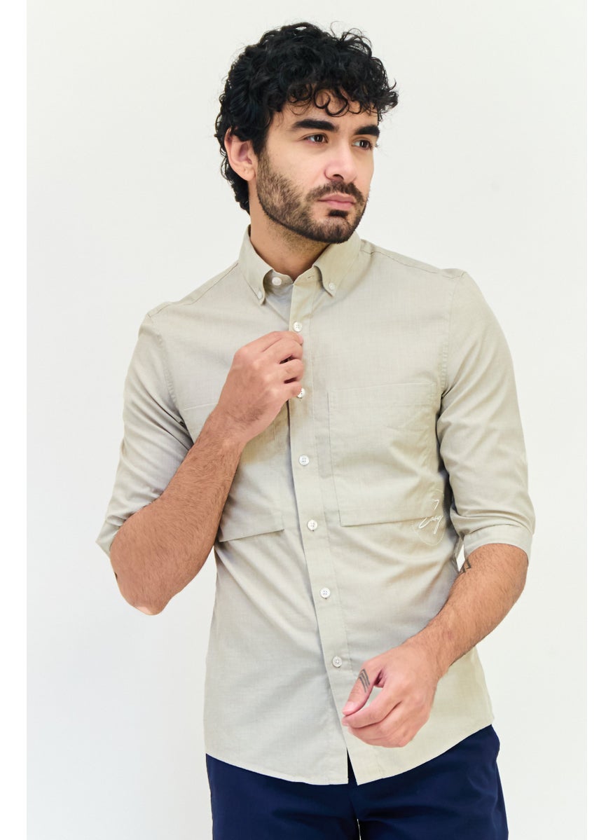 Men Regular Fit Plain Elbow Sleeves Casual Shirt, Beige