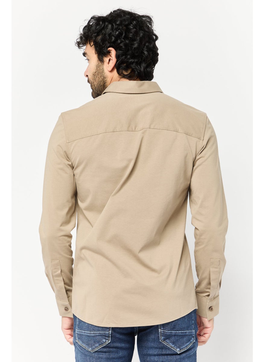 Men Regular Fit Solid Long Sleeve Casual Shirt, Taupe