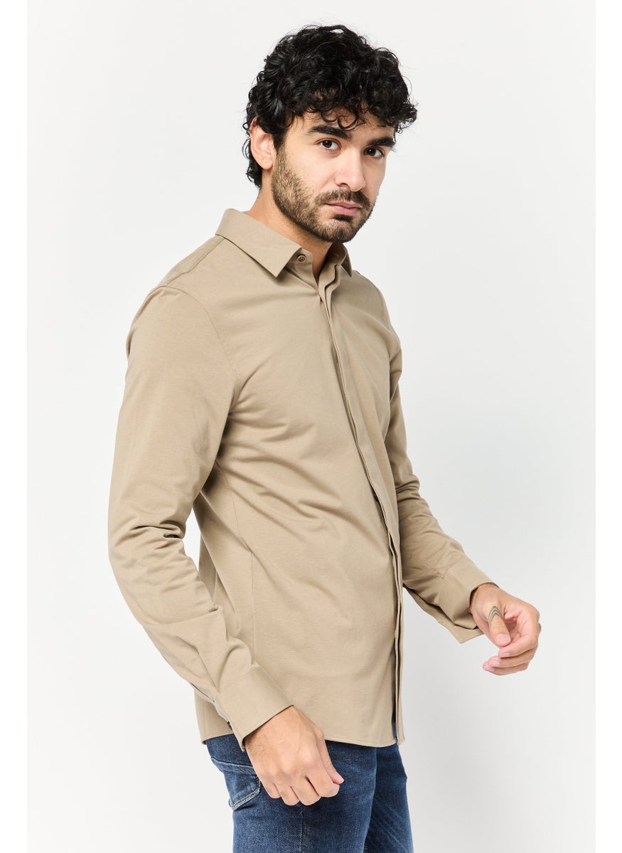 Men Regular Fit Solid Long Sleeve Casual Shirt, Taupe
