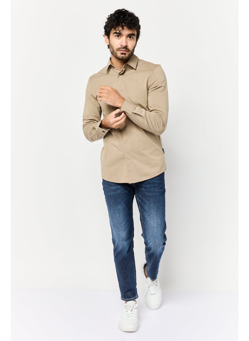 Men Regular Fit Solid Long Sleeve Casual Shirt, Taupe