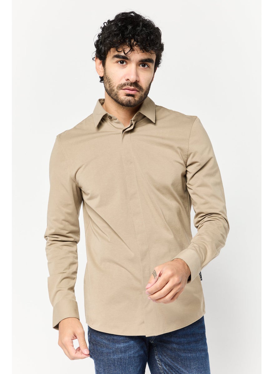 Men Regular Fit Solid Long Sleeve Casual Shirt, Taupe
