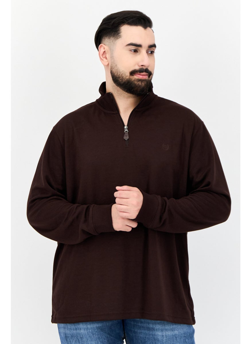 Men Mock Neck Long Sleeve Embroidered Logo Sweatshirt, Coffee Brown