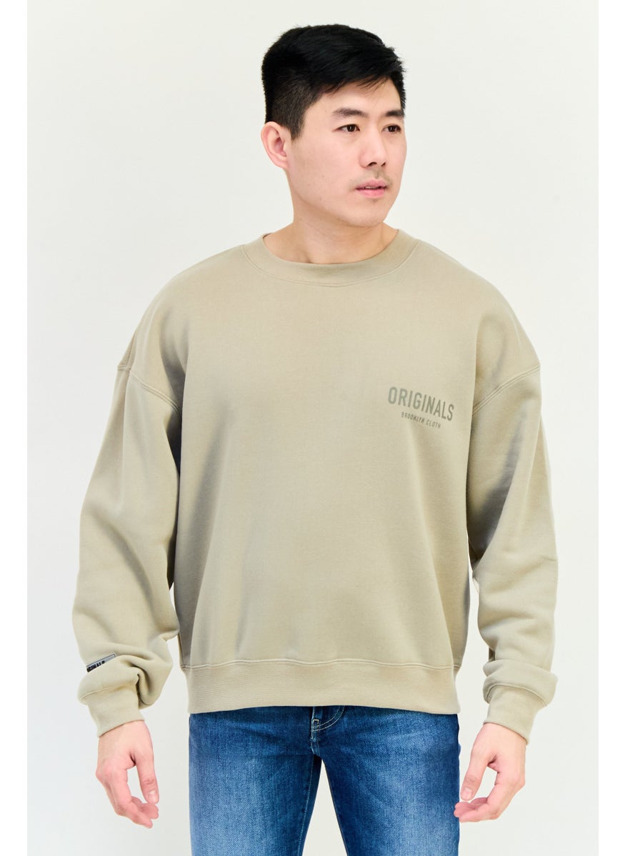 Men Crew Neck Brand Logo Long Sleeve Sweatshirt, Tan