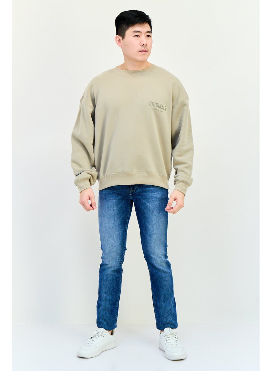 Men Crew Neck Brand Logo Long Sleeve Sweatshirt, Tan