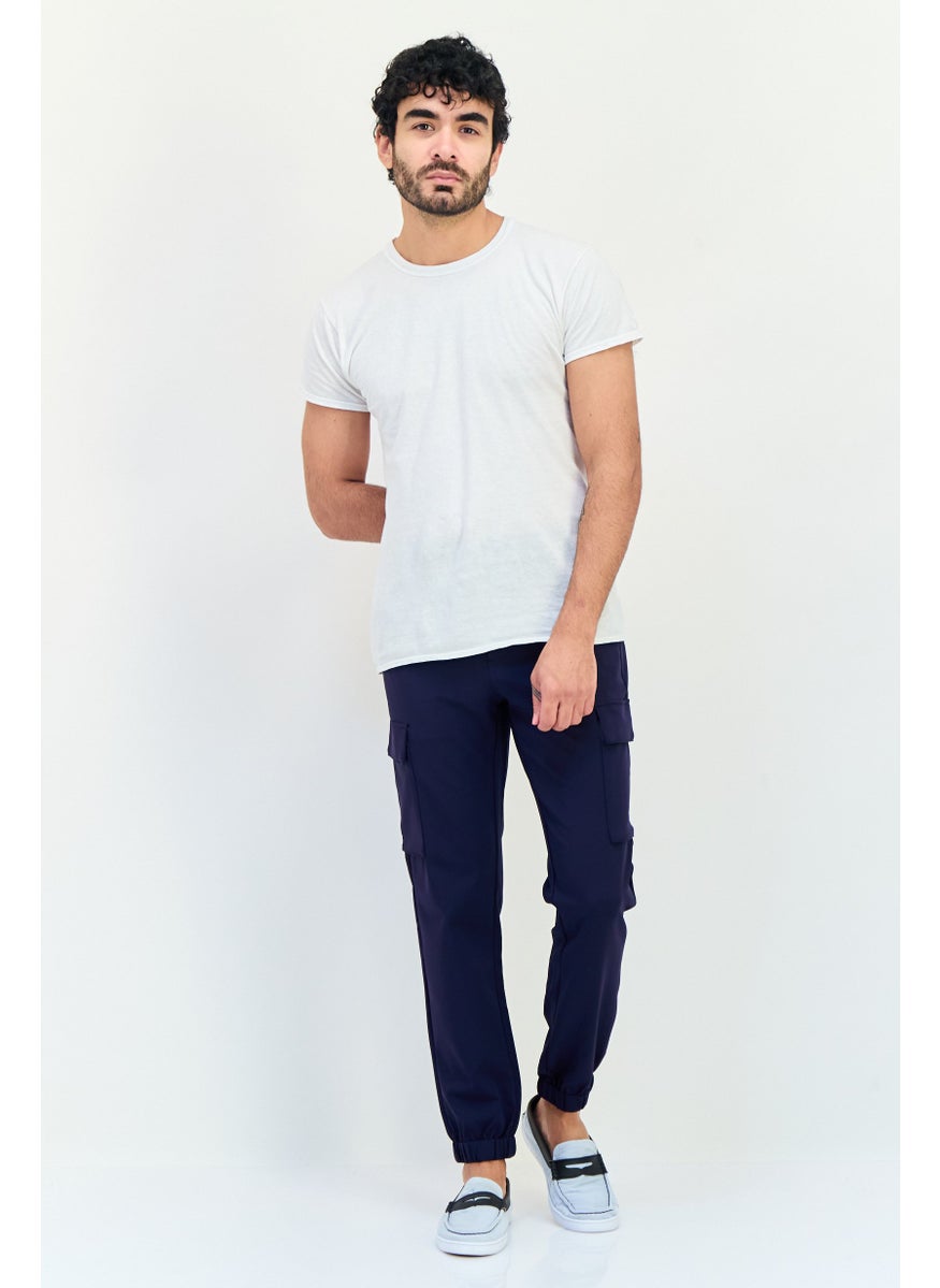 Men Regular Fit Solid Cargo Pants, Navy