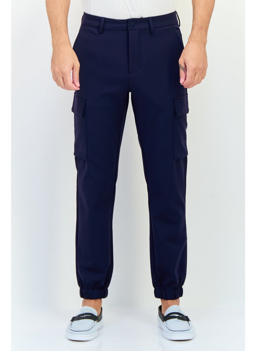 Men Regular Fit Solid Cargo Pants, Navy
