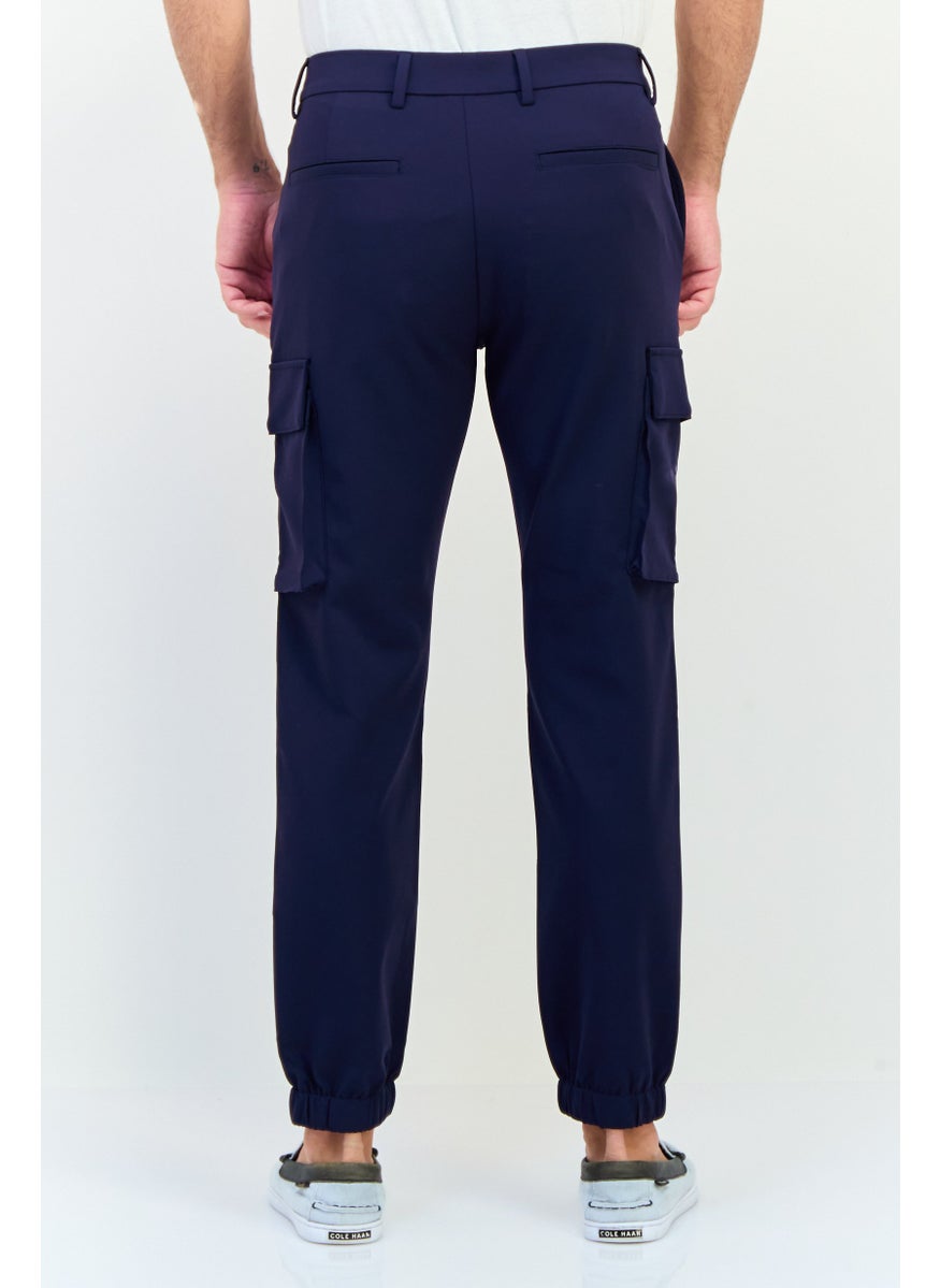 Men Regular Fit Solid Cargo Pants, Navy
