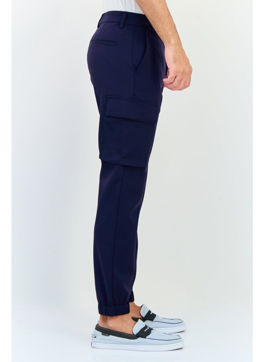 Men Regular Fit Solid Cargo Pants, Navy