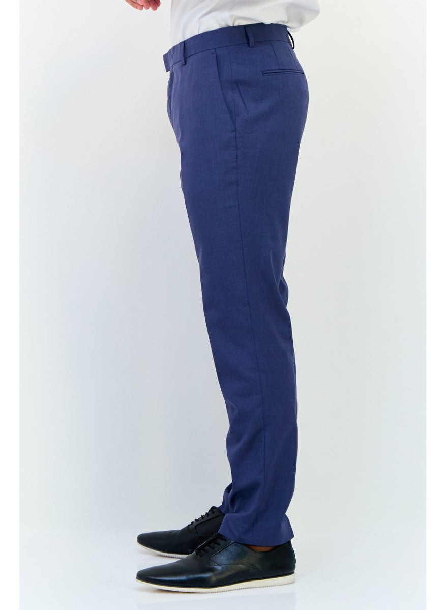 Men Regular Fit Plain Dress Pants, Navy Blue