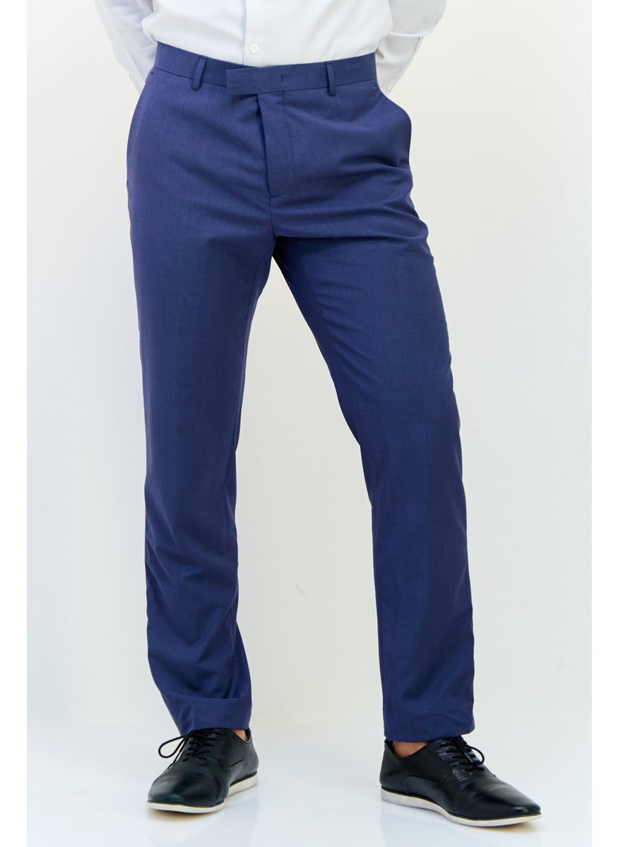 Men Regular Fit Plain Dress Pants, Navy Blue