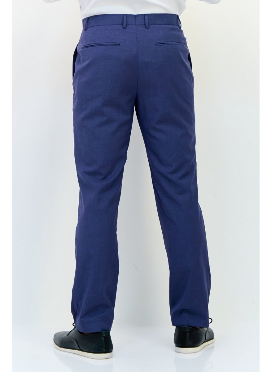 Men Regular Fit Plain Dress Pants, Navy Blue