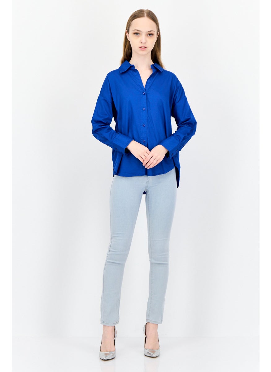 Women Spread Collar Long Sleeves Plain Shirt, Royal Blue
