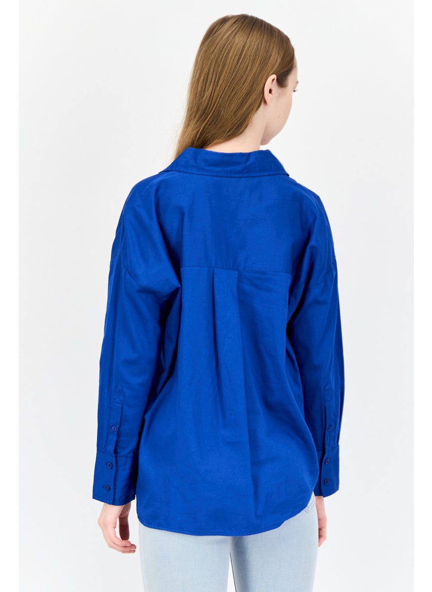 Women Spread Collar Long Sleeves Plain Shirt, Royal Blue