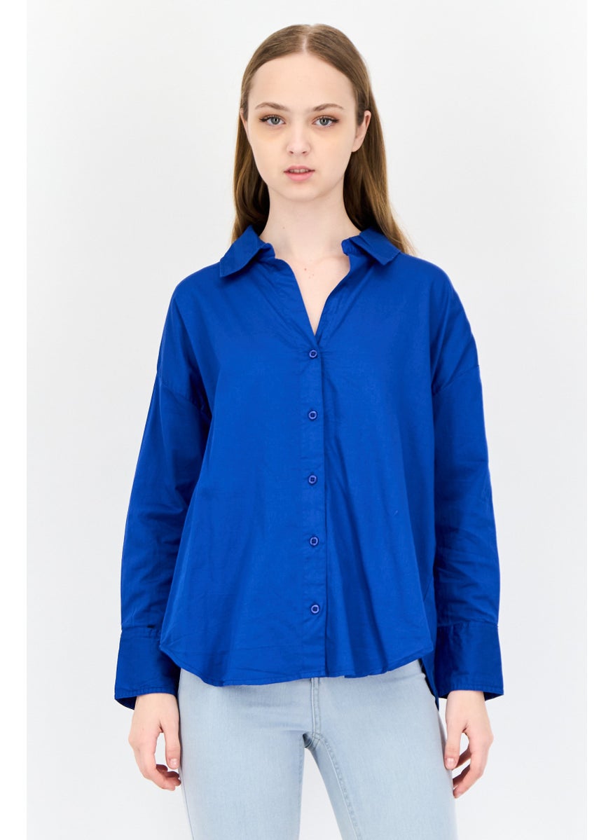 Women Spread Collar Long Sleeves Plain Shirt, Royal Blue