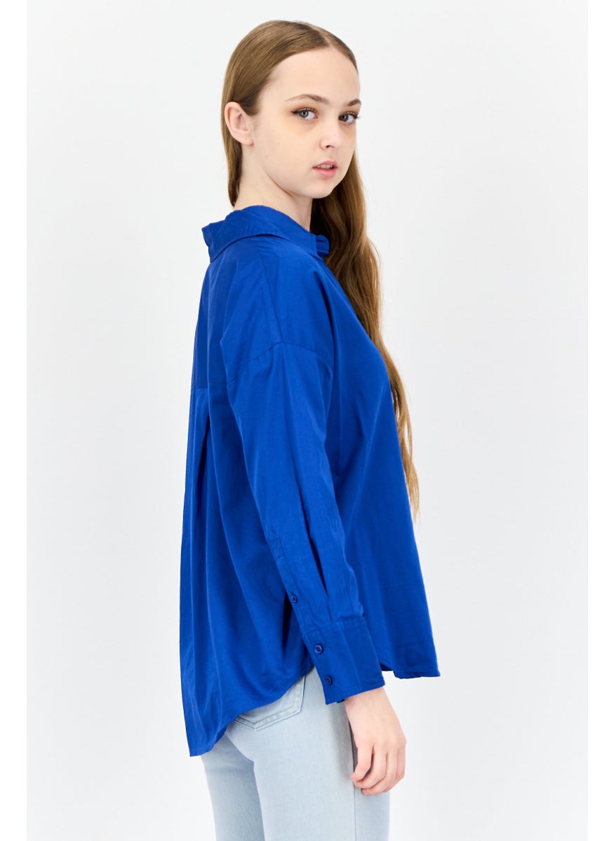 Women Spread Collar Long Sleeves Plain Shirt, Royal Blue
