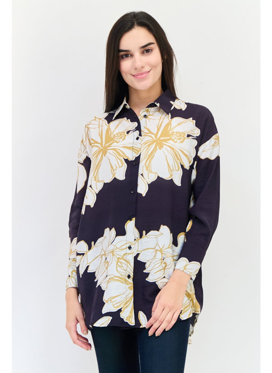 Women Spread Collar Long Sleeve Floral Print Shirts, Multicolor