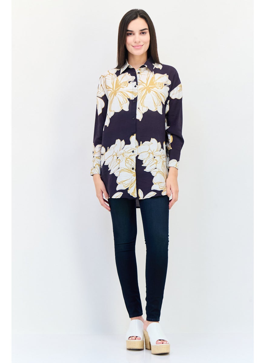 Women Spread Collar Long Sleeve Floral Print Shirts, Multicolor