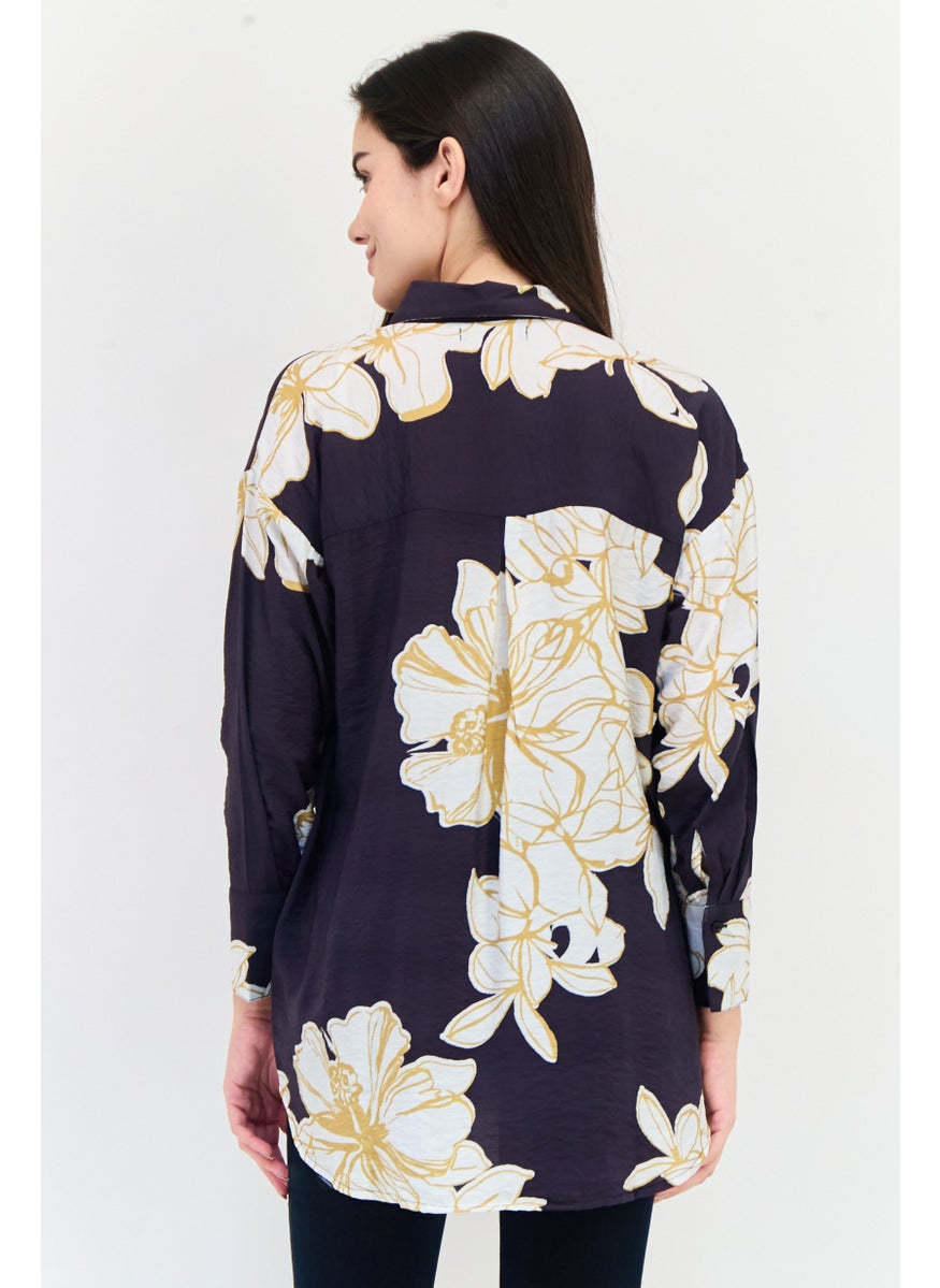 Women Spread Collar Long Sleeve Floral Print Shirts, Multicolor