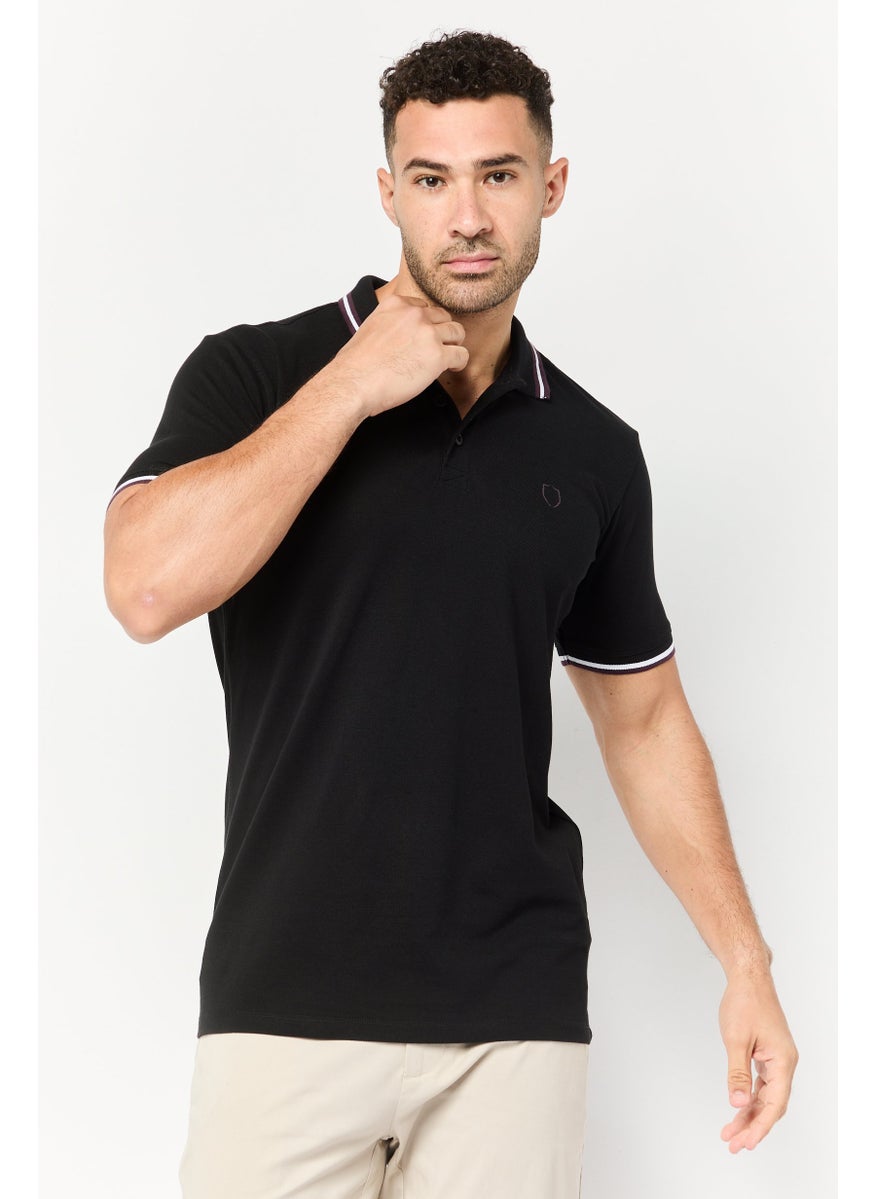 Men Regular Fit Brand Logo Short Sleeve Polo Shirt, Black