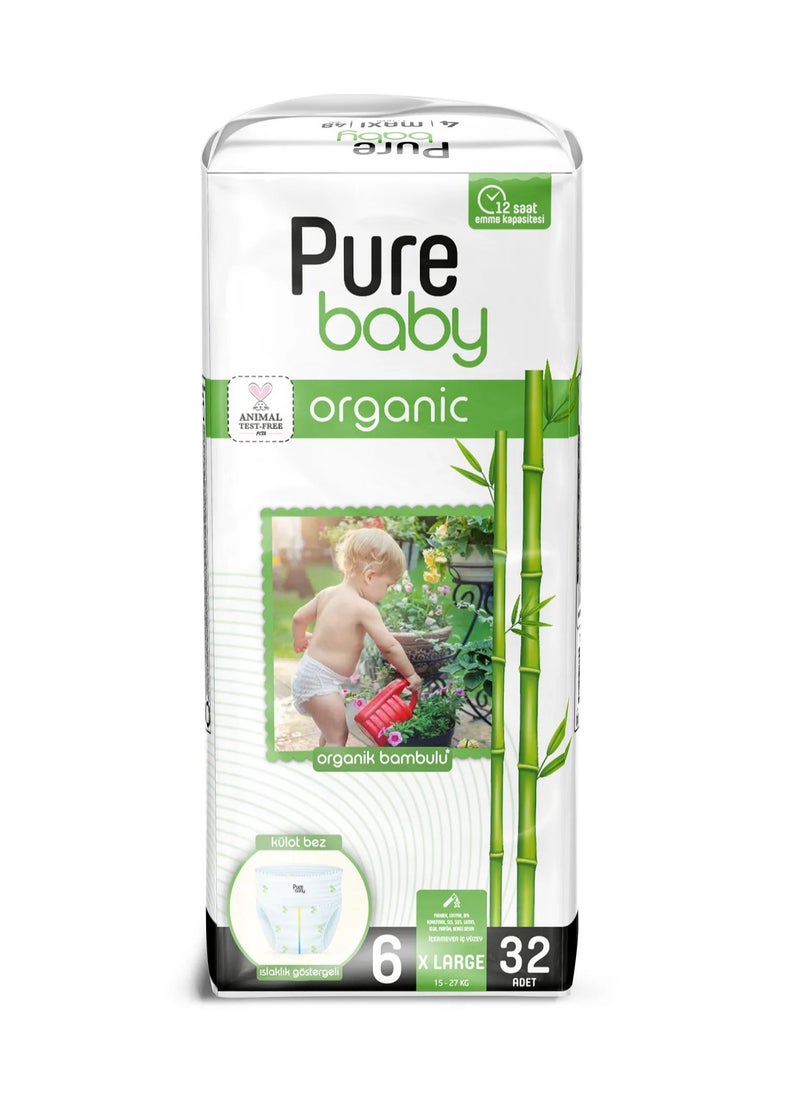 Pure Baby Organic Bamboo Pant Style Diapers, 32 Pieces, XL Size 6, 15-27kg - Comfort Flex, Wetness Indicator, Cruelty Free, 12Hrs Dryness
