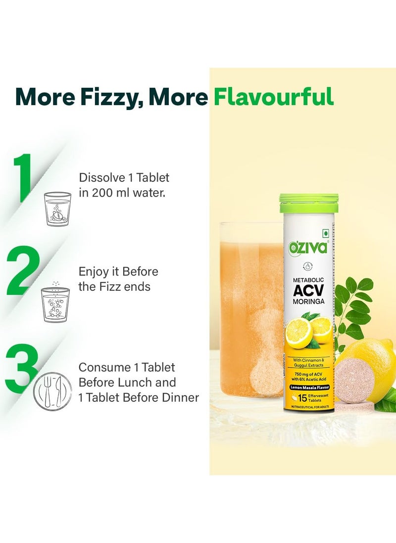 ACV Moringa Control Cravings Apple Cider Vinegar Cinnamon Guggul No Maltodextrin No Added Sugar 15 Effervescent Tablets Lemon Masala Pack of 2 30 Tablets