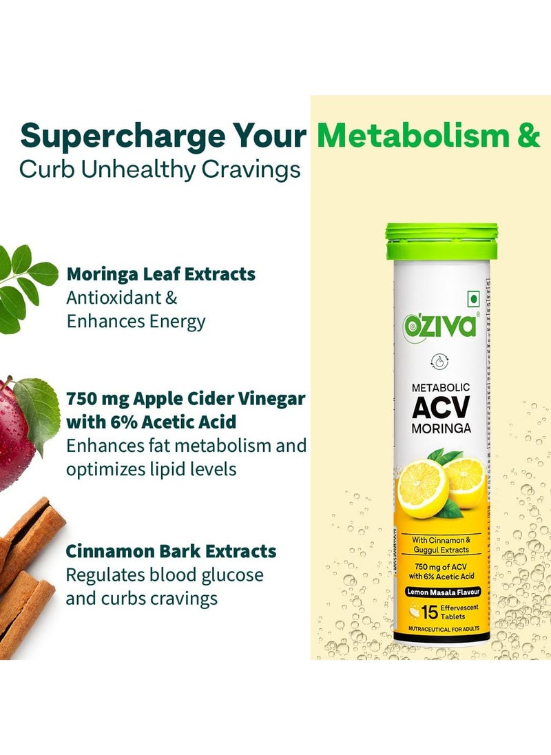 ACV Moringa Control Cravings Apple Cider Vinegar Cinnamon Guggul No Maltodextrin No Added Sugar 15 Effervescent Tablets Lemon Masala Pack of 12 180 Tablets
