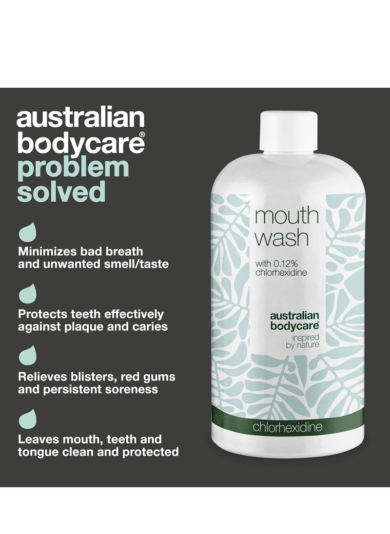 Mouthwash with Chlorhexidine and Tea Tree Oil 500 ml  Cares for and relieves Sore and Bleeding Gums for a Healthy Oral Hygiene Without Bad Breath 100 percent Vegan and Dermatologically Tested