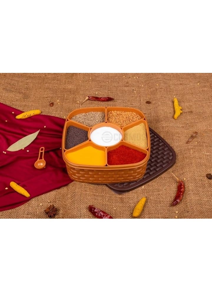Plastic Masala Rangoli Dabba Box Set – 7-Section Square Spice Container – Multipurpose Masala Box for Kitchen Storage, Rangoli Colors, Dry Fruits – Wooden Look (Brown)