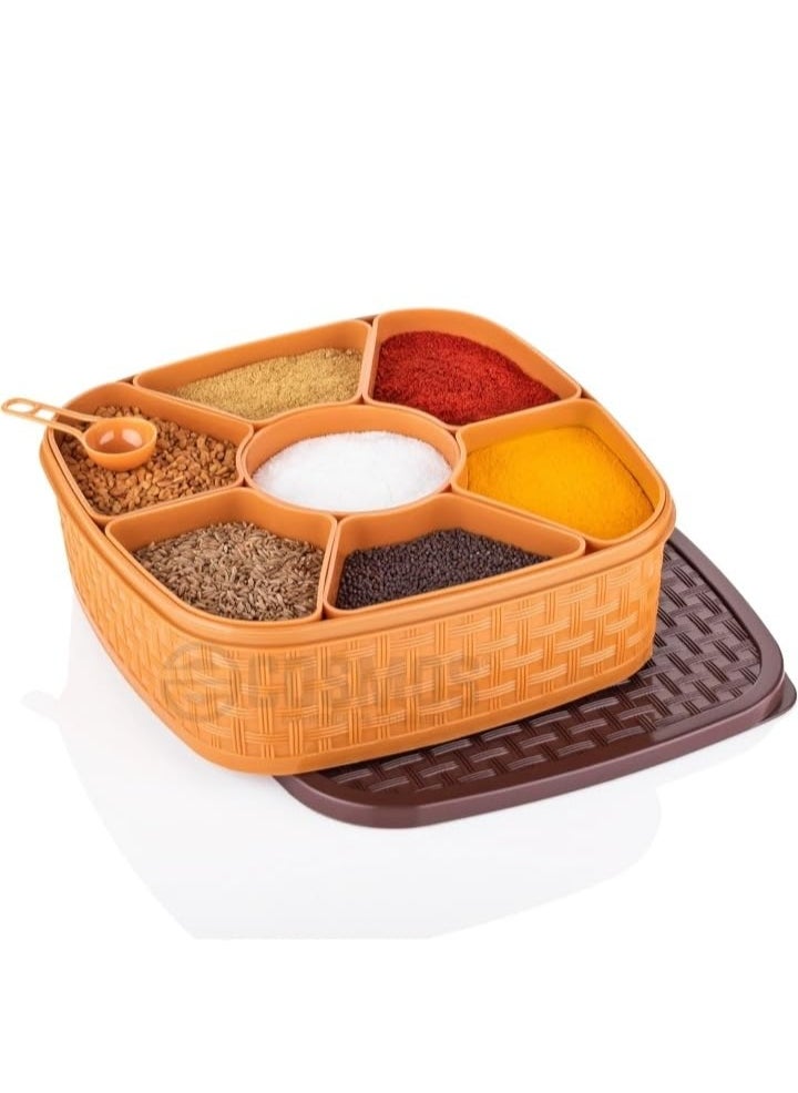 Plastic Masala Rangoli Dabba Box Set – 7-Section Square Spice Container – Multipurpose Masala Box for Kitchen Storage, Rangoli Colors, Dry Fruits – Wooden Look (Brown)