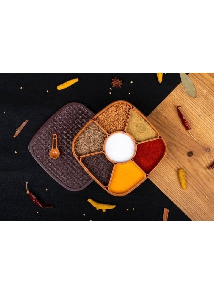 Plastic Masala Rangoli Dabba Box Set – 7-Section Square Spice Container – Multipurpose Masala Box for Kitchen Storage, Rangoli Colors, Dry Fruits – Wooden Look (Brown)