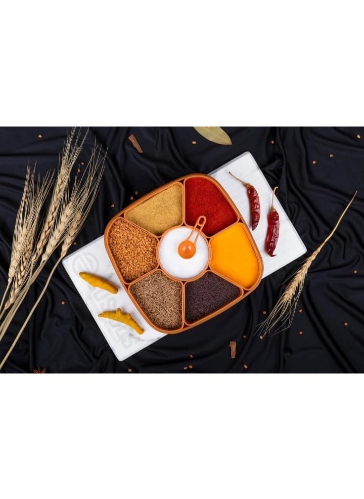 Plastic Masala Rangoli Dabba Box Set – 7-Section Square Spice Container – Multipurpose Masala Box for Kitchen Storage, Rangoli Colors, Dry Fruits – Wooden Look (Brown)